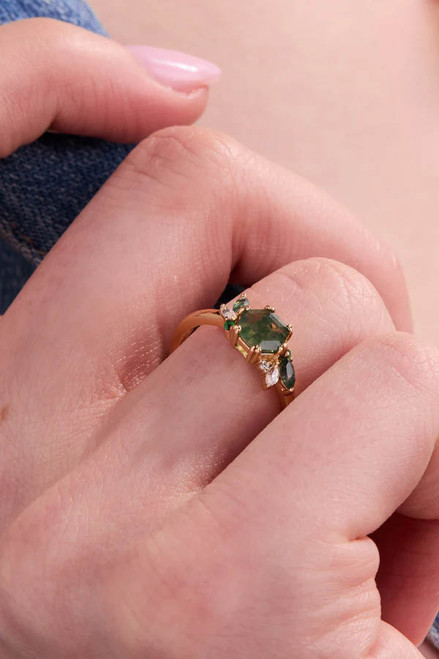 Green Moss Succulent Gold Adjustable Ring
