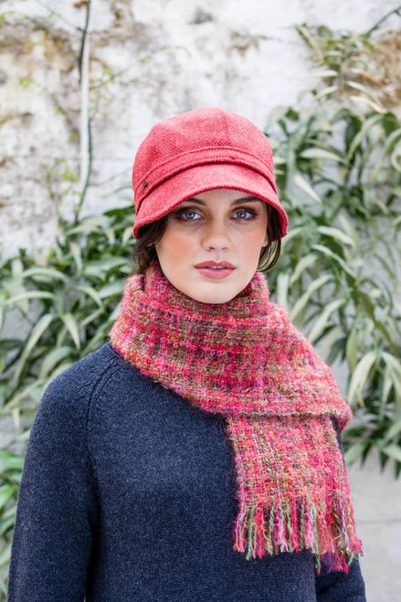 Tweed Flapper Cap - Coral Herringbone