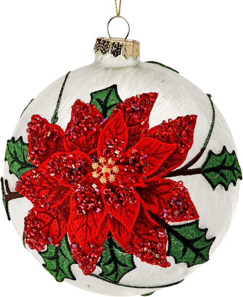 5" Fabric Poinsettia Glass Ornament