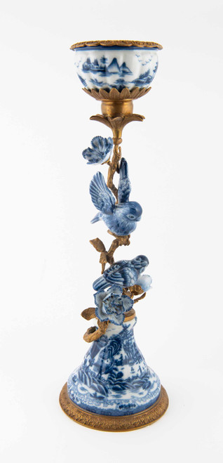 Metal Mounts Blue & White Chinoiserie Candlestick