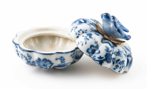 Blue & White Metal Mount Round Keepsake Box