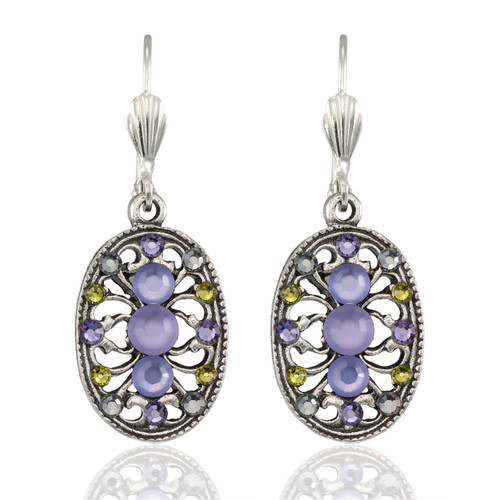 Violet Mist Filigree Flower Oval Crystal Earrings