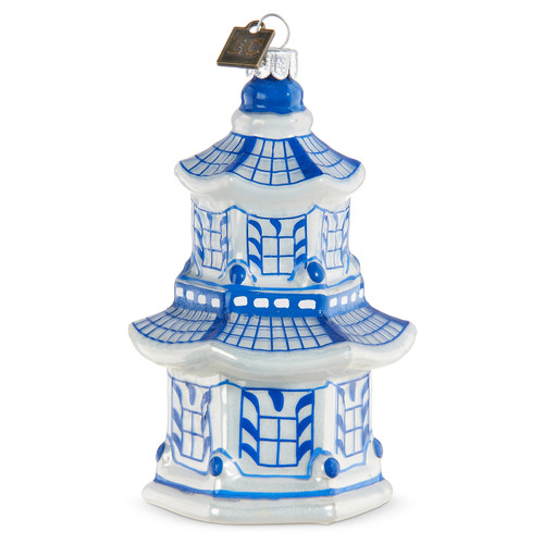 Blue & White Pagoda Glass Ornament