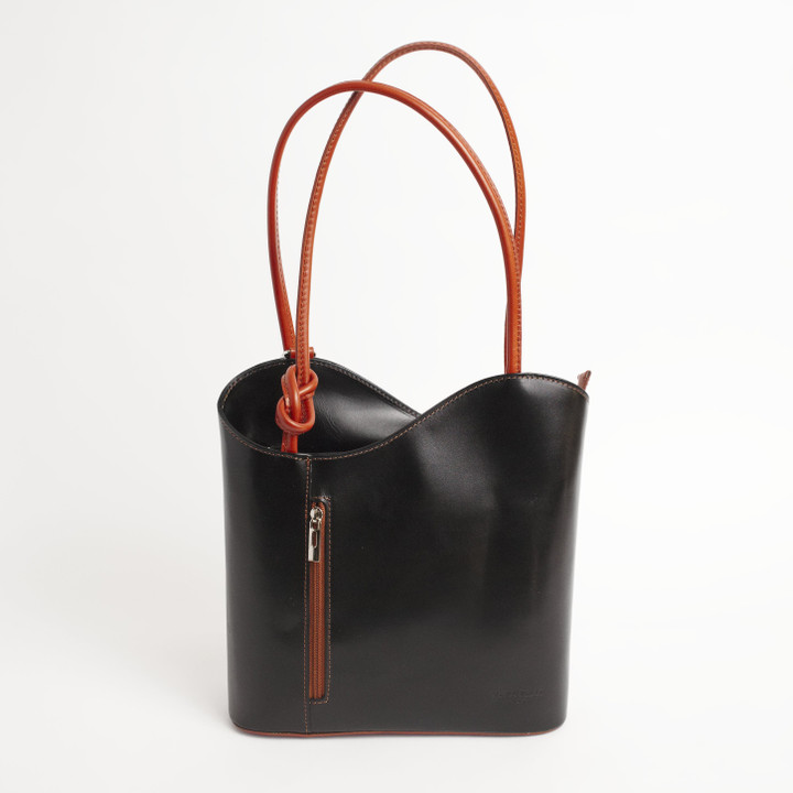 Convertible Italian Leather Backpack Tote Black and Tan