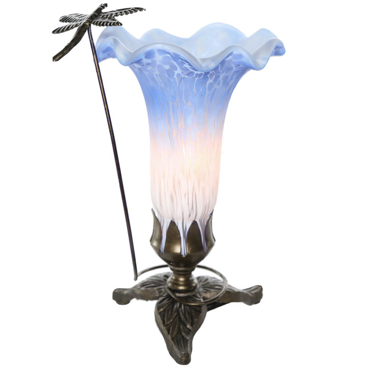 Hand Painted Blue & White Glass Dragonfly Lily Lamp 9"