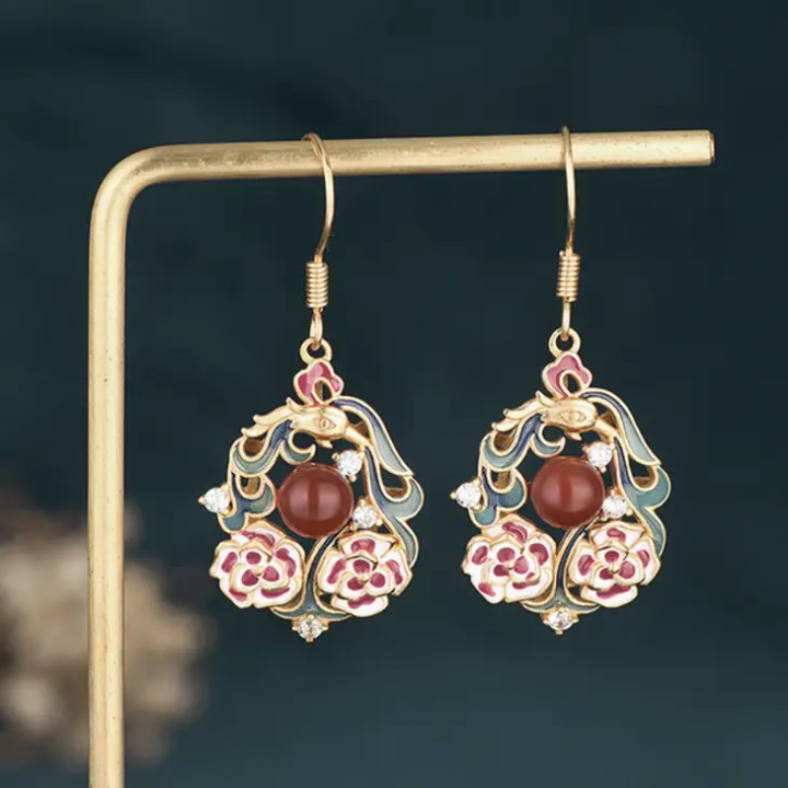 Enamel Chalcedony Red Earrings