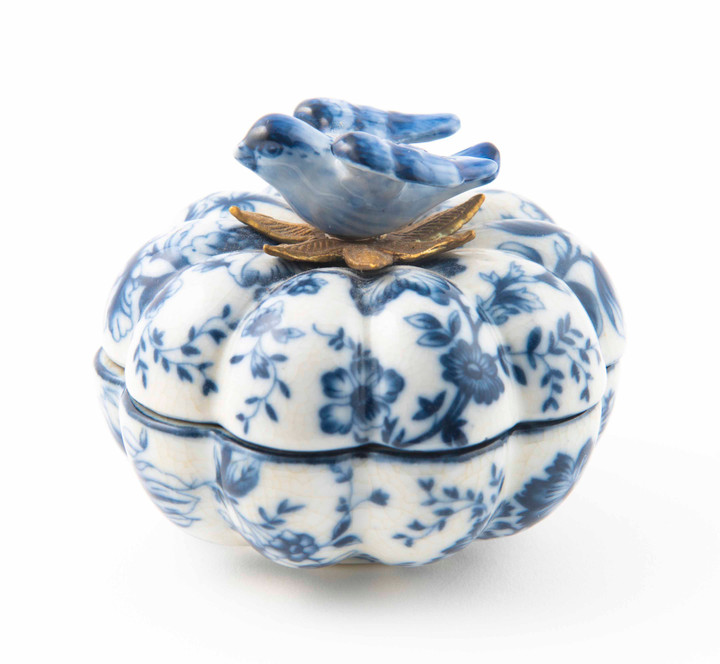 Blue & White Metal Mount Round Keepsake Box