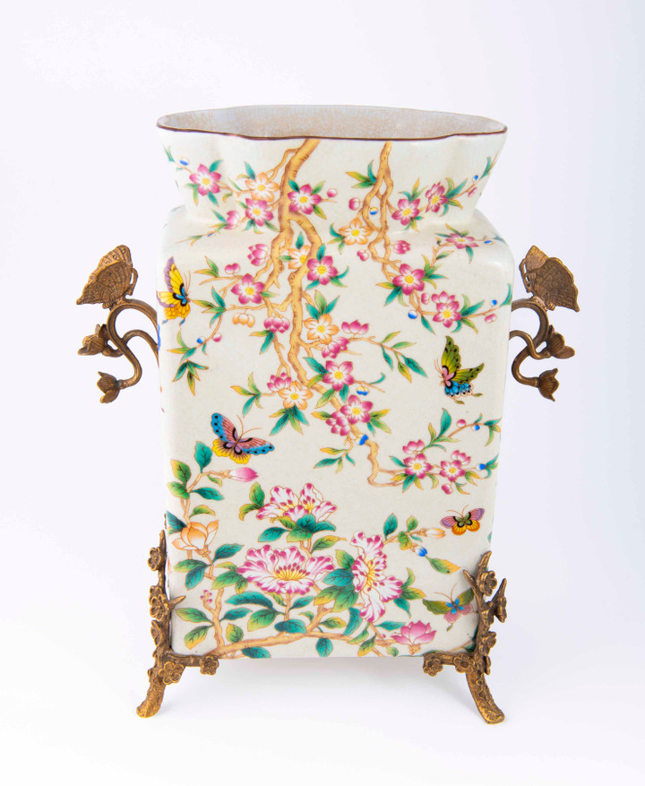 Pink Butterfly Metal Mount Square Vase