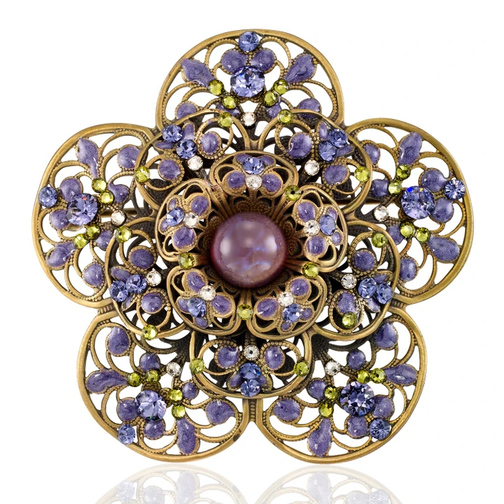 Violet Mist Filigree Flower Crystal Brooch