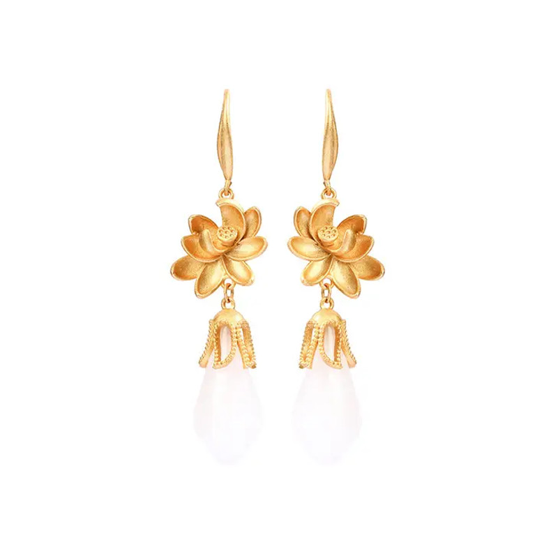Blooming Lotus Gold Jade Earrings