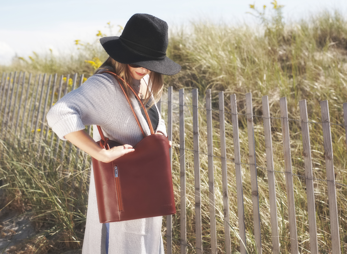 Italian Leather Backpack/Crossbody Two-Tone Brown display picture 3