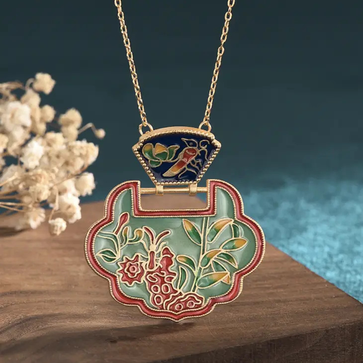 Chinese Lock Enamel Necklace, 24k Gold-Plated Copper