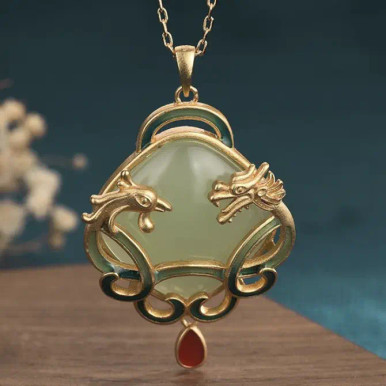 Dragon Phoenix Jade Necklace, 24K gold-plated copper