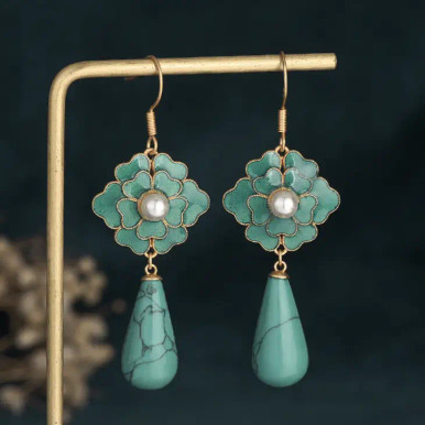 Enamel Camellia Earrings, 24K gold-plated copper