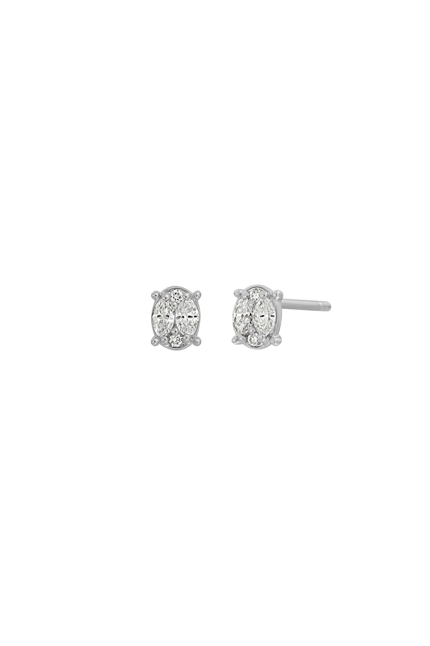 18K White Gold Cluster Natural Diamond Mika Oval-Shaped Stud Earrings