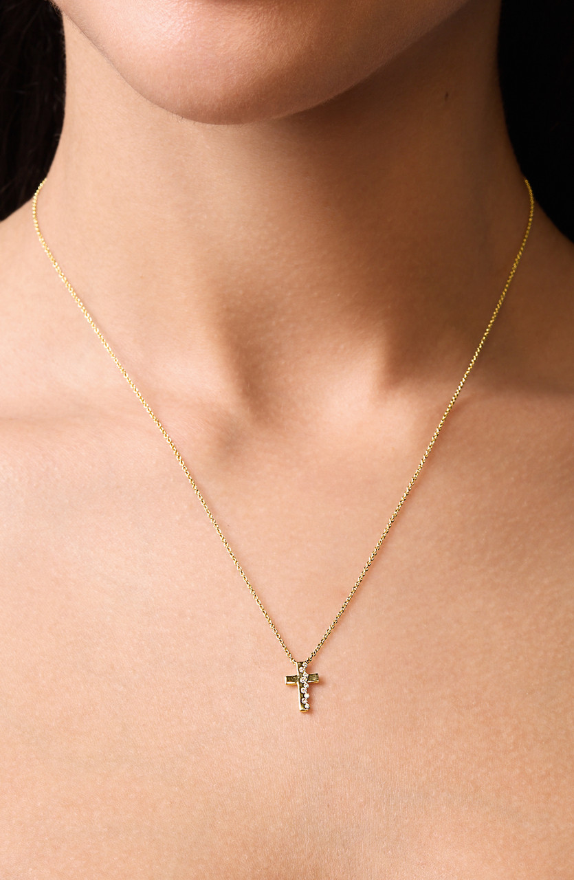 18K Yellow Gold Natural Diamond Audrey Cross Pendant Necklace