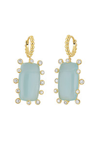 18K Yellow Gold Milky Aqua w/ Diamond Iris Large Rectangular Cabochon Drop Earring 18K Yellow Gold Milky Aqua w/ Diamond Iris Large Rectangular Cabochon Drop Earring