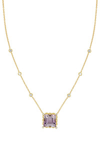 18K Yellow Gold Rose De France w/ Diamond Iris Station Square Pendant Necklace 18K Yellow Gold Rose De France w/ Diamond Iris Station Square Pendant Necklace