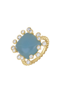 18K Yellow Gold Milky Aqua w/ Diamond Iris Feminine and Luminous Statement Ring 18K Yellow Gold Milky Aqua w/ Diamond Iris Feminine and Luminous Statement Ring