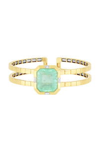 18K Yellow Gold Brazilian Emerald w/ Diamond El Mar Open Double-Band Bangle Bracelet 18K Yellow Gold Brazilian Emerald w/ Diamond El Mar Open Double-Band Bangle Bracelet