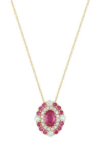 18K Yellow Gold Pink Sapphire w/ Diamond El Mar Floral Pendant Necklace 18K Yellow Gold Pink Sapphire w/ Diamond El Mar Floral Pendant Necklace