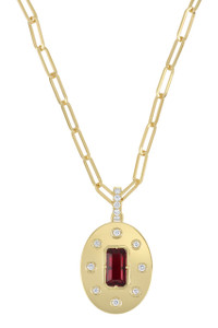 18K Yellow Gold Diamond & Ruby Oval Pendant Link Chain Necklace 18K Yellow Gold Diamond & Ruby Oval Pendant Link Chain Necklace