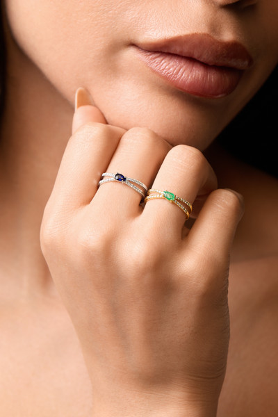 18K White Gold Mixed Stones w/ Natural Diamond El Mar Sapphire Pear Crossover Ring