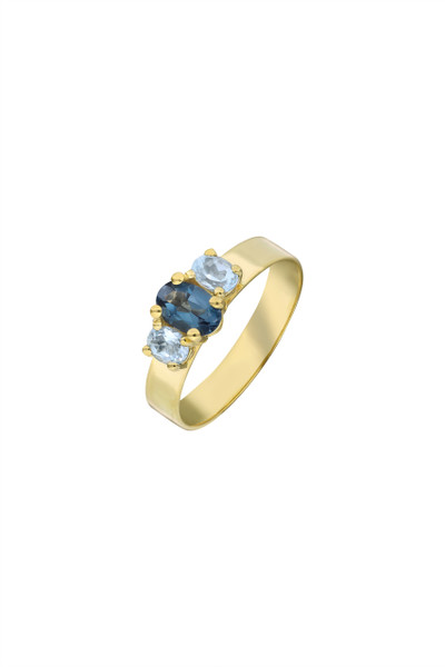 14K Yellow Gold Natural Diamond Bony Levy Blue Topaz Three Stone Oval Ring
