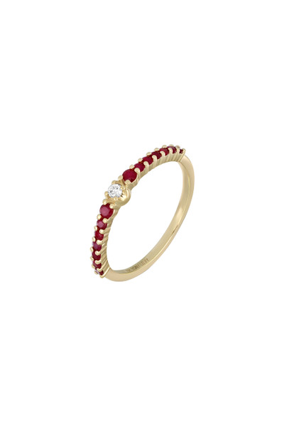 18K Yellow Gold Mixed Stones w/ Natural Diamond El Mar Ruby Thin Stackable Ring