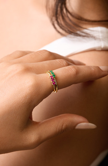18K Yellow Gold Mixed Stones w/ Natural Diamond El Mar Ruby Three Stone Stackable Ring