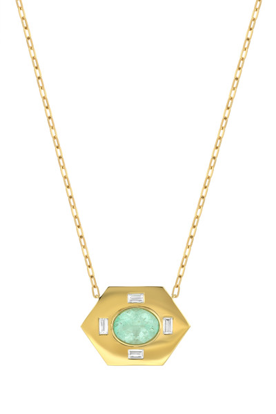 18K Yellow Gold Brazilian Emerald w/ Diamond El Mar Hexagonal Medallion Necklace
