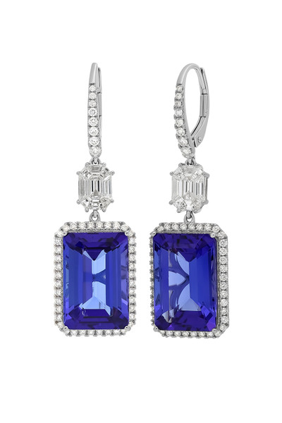 18K White Gold Emerald Cut Tanzanite w/ Diamond Halo Bony Levy Limited Edition Drop Earring