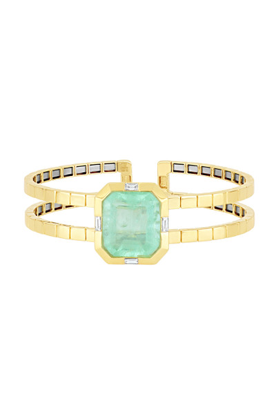 18K Yellow Gold Brazilian Emerald w/ Diamond El Mar Open Double-Band Bangle Bracelet