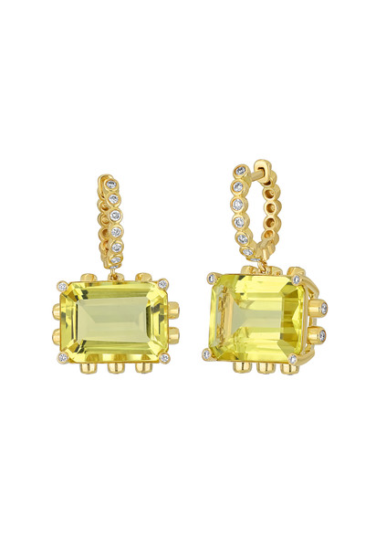 18K Yellow Gold Lemon Quartz w/ Diamond Iris Modern-Regal Aesthetic Drop Earring