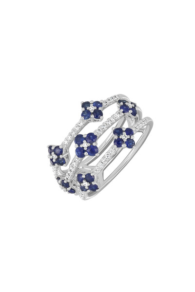 18K White Gold Sapphire w/ Natural Diamond El Mar Multi Band Flower Ring