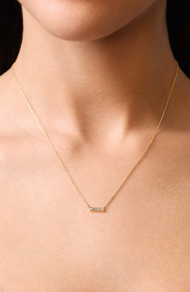 18K Yellow Gold Natural Diamond Gatsby Fine Bar Pendant Necklace