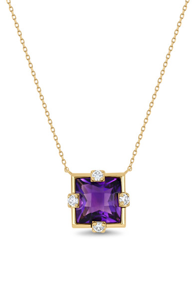 18K Yellow Gold Amethyst with Natural Diamond Iris Square Pendant Necklace