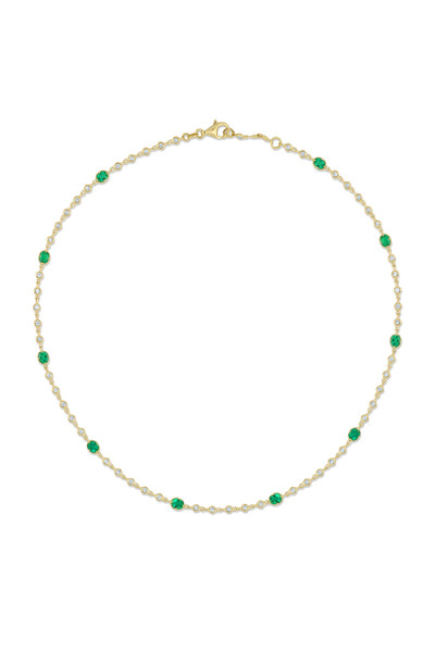 18K Yellow Gold Emerald with Natural Diamond El Mar Tennis Necklace