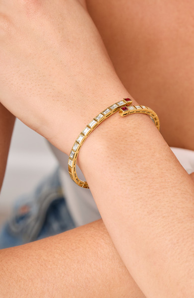 18K Yellow Gold Natural Diamond with Ruby Luxe Statement Flex Bangle Bracelet