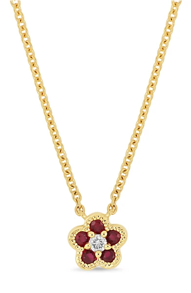 18K Yellow Gold El Mar Ruby and Natural Diamond Flower Pendant Necklace