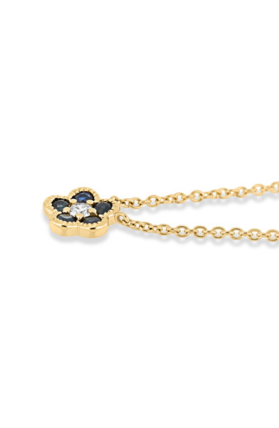 18K Yellow Gold El Mar Blue Sapphire and Natural Diamond Flower Pendant Necklace