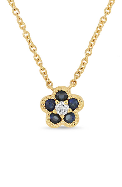 18K Yellow Gold El Mar Blue Sapphire and Natural Diamond Flower Pendant Necklace