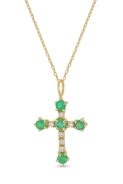 18K Yellow Gold El Mar Emerald and Natural Diamond Cross Pendant Necklace