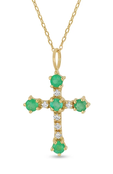 18K Yellow Gold El Mar Emerald and Natural Diamond Cross Pendant Necklace