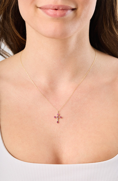 18K Yellow Gold El Mar Ruby and Natural Diamond Cross Pendant Necklace