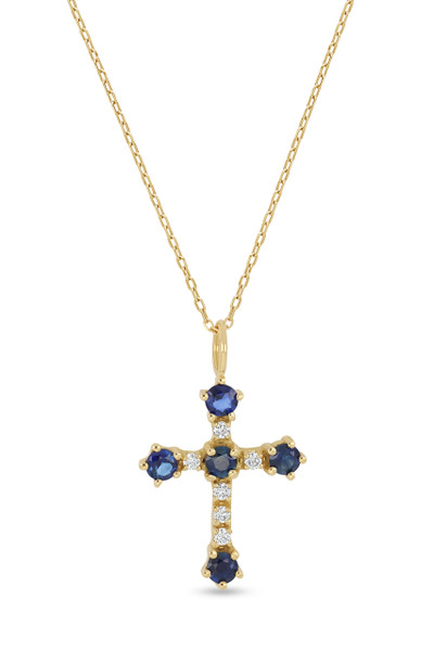18K Yellow Gold El Mar Blue Sapphire and Natural Diamond Cross Pendant Necklace