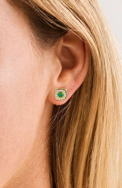 18K Yellow Gold El Mar Emerald and Natural Diamond Stud Earrings