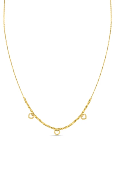 14K Yellow Gold Beaded Heart Station Chain Necklace