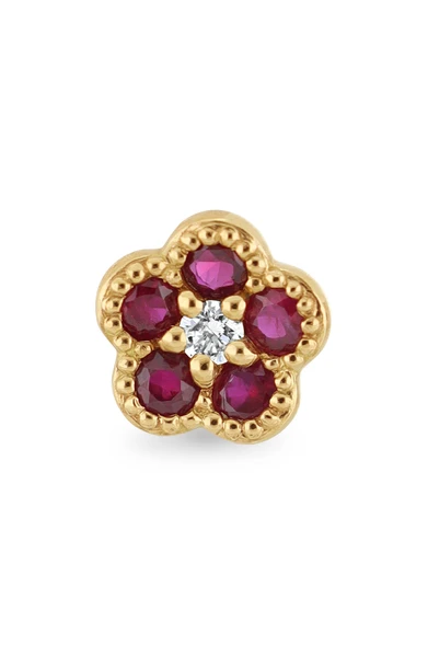 18K Yellow Gold El Mar Ruby and Natural Diamond Flower Stud Earrings