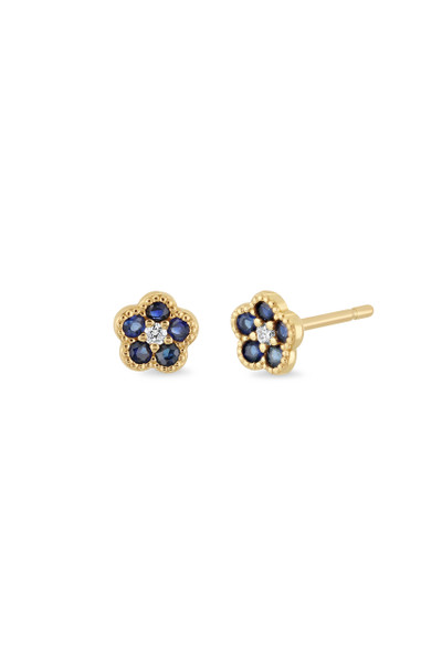 18K Yellow Gold El Mar Blue Sapphire and Natural Diamond Flower Stud Earrings